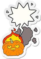 pegatina de burbuja de discurso y calabaza de halloween en llamas de dibujos animados vector