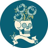 icono de estilo tatuaje con pancarta de calavera y rosas vector