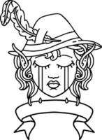 Black and White Tattoo linework Style crying elf bard character face with banner vector