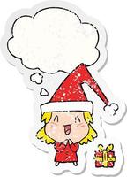 cartoon girl wearing christmas hat and thought bubble as a distressed worn sticker vector