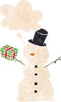 cartoon snowman and thought bubble in retro textured style vector