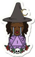 sticker of a crying human witch with natural one D20 dice roll vector