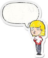 cartoon woman staring and speech bubble distressed sticker vector