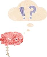 cartoon curious brain and thought bubble in retro textured style vector