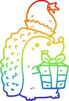 rainbow gradient line drawing cartoon hedgehog wearing christmas hat vector