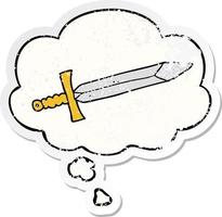 cartoon sword and thought bubble as a distressed worn sticker vector