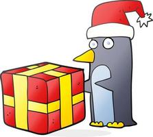 Pingüino de navidad de dibujos animados dibujados a mano alzada con presente vector