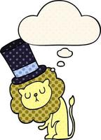 cute cartoon lion wearing top hat and thought bubble in comic book style vector