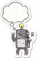 caricatura, feliz, robot, y, pensamiento, burbuja, como, un, angustiado, desgastado, pegatina vector