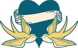 iconic tattoo style image of swallows and a heart with banner vector