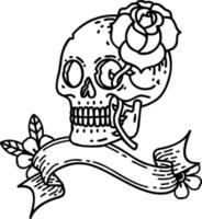 traditional black linework tattoo with banner of a skull and rose vector