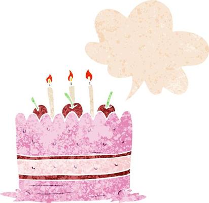 cartoon cake and speech bubble in retro textured style