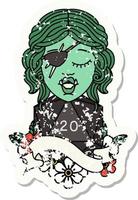 grunge sticker of a half orc rogue with natural twenty dice roll vector