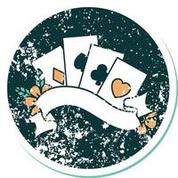 iconic distressed sticker tattoo style image of cards and banner with flowers vector