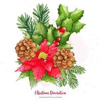 Christmas Holly berry, pine cone set, Digital paint watercolor illustration vector