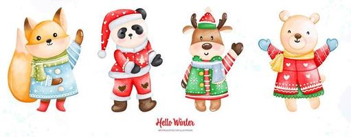 acuarela navidad y zorro de invierno, panda, ciervo, oso en ropa de invierno, ilustración acuarela vector