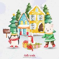 Christmas Vector illustrations Element. Watercolor Sheep and Penguin with Winter House