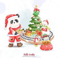 Christmas Panda and Snowman with Christmas Tree. Vector illustrations. Watercolor Christmas Animals