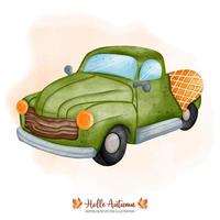 Retro truck, Vintage retro car, Autumn or Fall Animal decor, Digital paint watercolor illustration vector