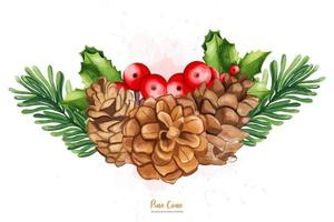 Christmas Holly, pine cone set, Christmas decoration, Digital paint watercolor illustration vector