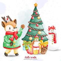 Winter Deer and Snowman with Christmas Tree. Watercolor Christmas Vector illustrations