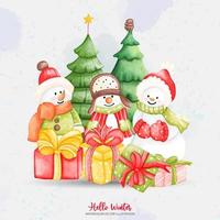 Watercolor Three Snowman with Christmas Tree. Vector illustrations Element