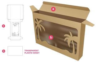 Cardboard tin box with palm window and transparent plastic sheet die cut template and 3D mockup vector