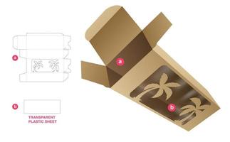 Long box with palms window and transparent plastic sheet die cut template and 3D mockup vector