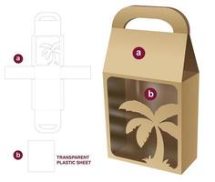 Handle cardboard bag box with tree window die cut template and 3D mockup vector