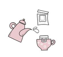 Drip coffee bag for easy brewing in a cup. Set of vector hand drawn icons, doodle isolated illustration on white background. Instructions for making fresh coffee drink