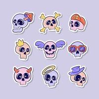 colección de pegatinas de dibujos animados lindo cráneo kawaii vector