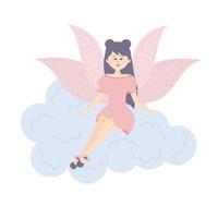 Winged fairy princess sitting on a cloud. Cute fairy tale character. vector
