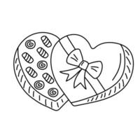 Heart shaped chocolate candies box in doodle style. Sweet gift box with bow for holiday. vector