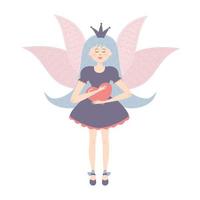 Winged fairy princess holding a heart. Cute fairy tale character. vector