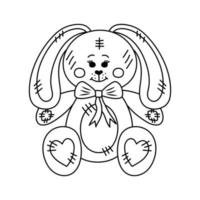 Cute teddy bunny in doodle style. Plush toy rabbit. Hand drawn line art vector illustration for coloring book.