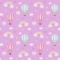 Seamless pattern with hot air balloon, kawaii rainbows, clouds, stars and hearts. Hand drawn childish pattern for wrapping, fabric, textile or paper projects. vector