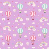 Seamless pattern with hot air balloon, kawaii rainbows, clouds, stars and hearts. Hand drawn childish pattern for wrapping, fabric, textile or paper projects. vector