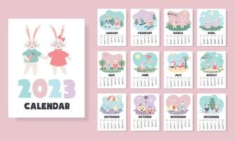 Printable vertical monthly design calendar for 2023 with cute couple of bunnies in love. The product includes 12 pages for each month of the year and cover. Week starts from Sunday.