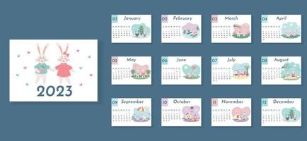 calendario de diseño mensual horizontal imprimible para 2023 con un lindo par de conejitos enamorados. el producto incluye 12 páginas para cada mes del año y portada. la semana comienza desde el domingo. vector
