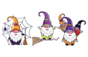 divertido paquete de gnomos de halloween con barbas blancas en traje de vacaciones. aislado sin fondo. vector