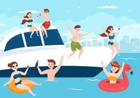 plantilla de yates dibujada a mano ilustración plana de dibujos animados con gente bailando, tomando el sol, bebiendo cócteles y relajándose en un yate de crucero en el océano vector