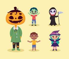 halloween cinco niños disfrazados vector