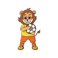 lindo diseño de ilustración de dibujos animados de león que lleva la pelota como jugador de fútbol vector