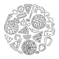 Hand drawn pizza doodle. Slice of pizza with mushrooms in sketch style. Vector illustration isolated on white background