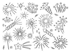 Hand drawn set of fireworks doodle. Fireckrackers in sketch style. Vector illustration isolated on white background