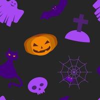 un patrón sobre el tema de halloween. fondo negro, calabaza, telaraña, araña, gato, fantasma. color morado y naranja. ilustración vectorial de dibujos animados. vector