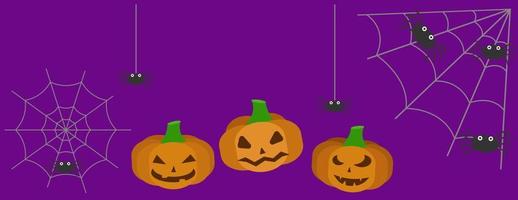 Banner. Halloween. purple background, cobwebs, spiders, pumpkins. cartoon vector illustration.