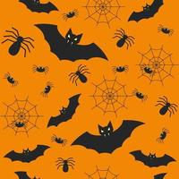 A pattern on the theme of Halloween. Orange background. Bats, spiders and cobwebs. cartoon vector illustration.