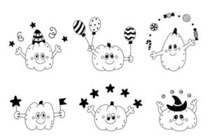 Doodle set of cute happy pumpkins Childish festive halloween design elements Outline Sketch vector