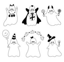 Set of kind cute doodle ghosts Collection of cartoon childish halloween design elements vector